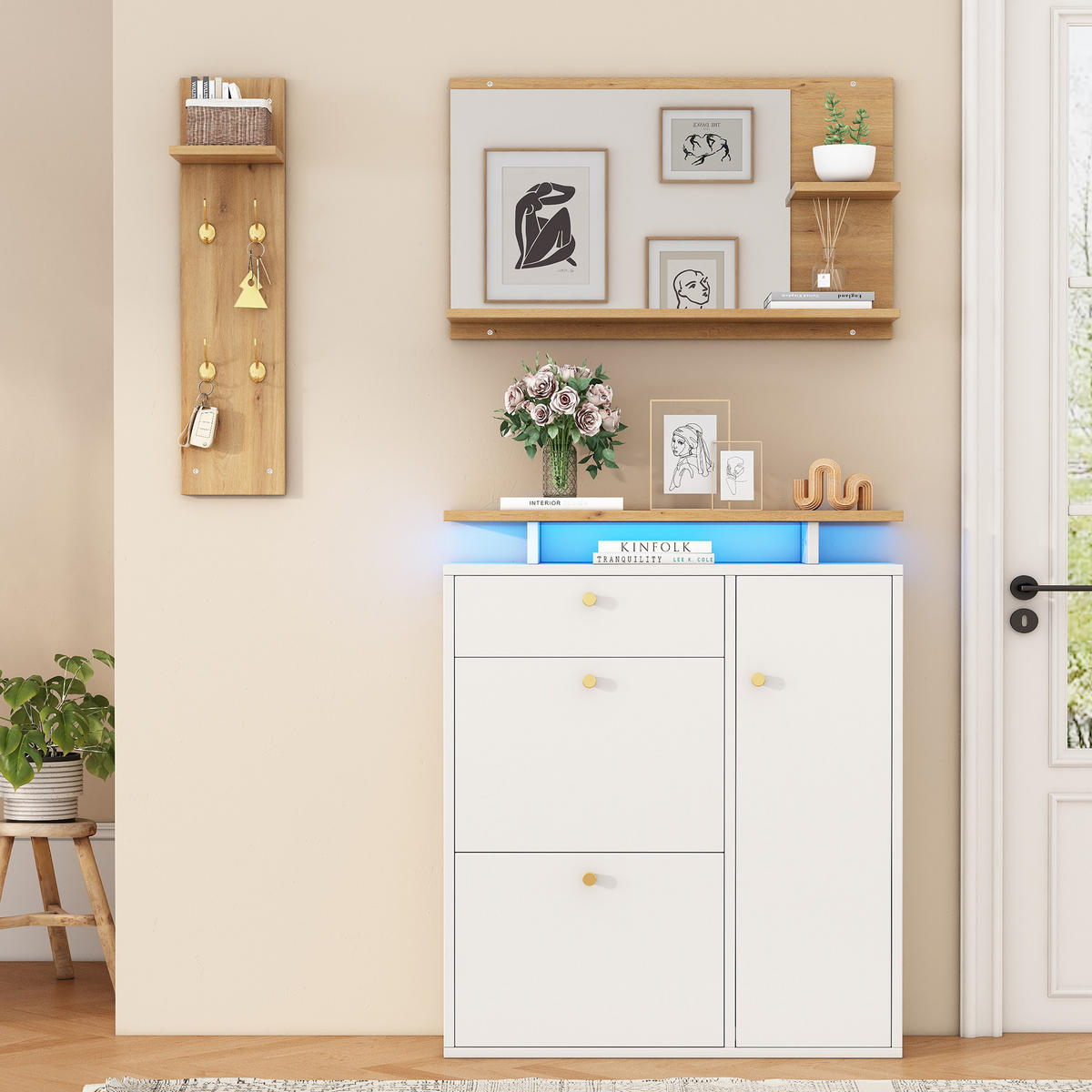 GARDEROBENSET 3-tlg mit Spiegel LED Natur Weiß 105x25x151.5cm - Weiß, Holzwerkstoff (25/151.5/105cm) - FLIEKS