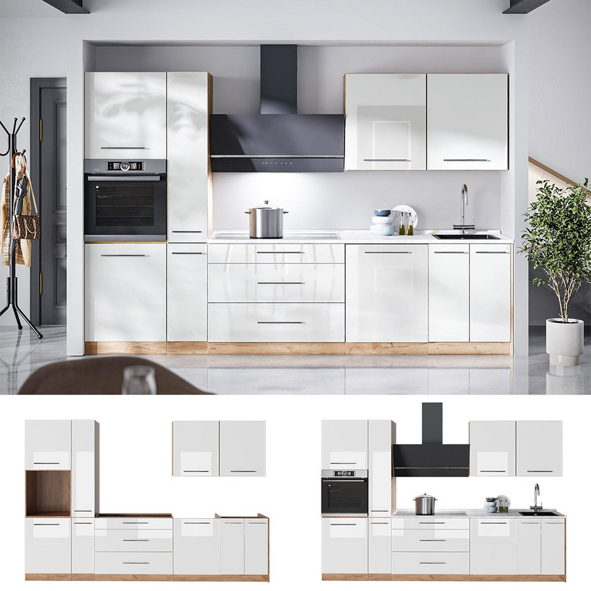 KUCHYNKA Fame-Line, Biely vysoký lesk/Dub Goldkraft, 310 cm, AP Oak - biela s vysokým leskom/dub medový, kompozitné drevo (310/206.8/60cm) - Vicco