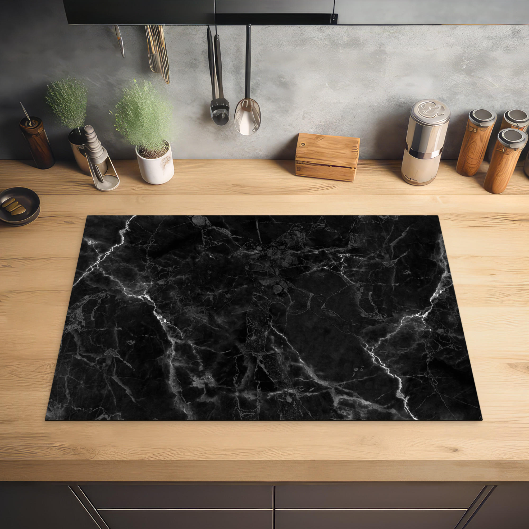 HERDABDECKPLATTE Marmor - Schwarz - Weiß - Textur - Marmoroptik 76x51 cm - Silberfarben, Kunststoff (76/0.2/51.5cm) - MuchoWow