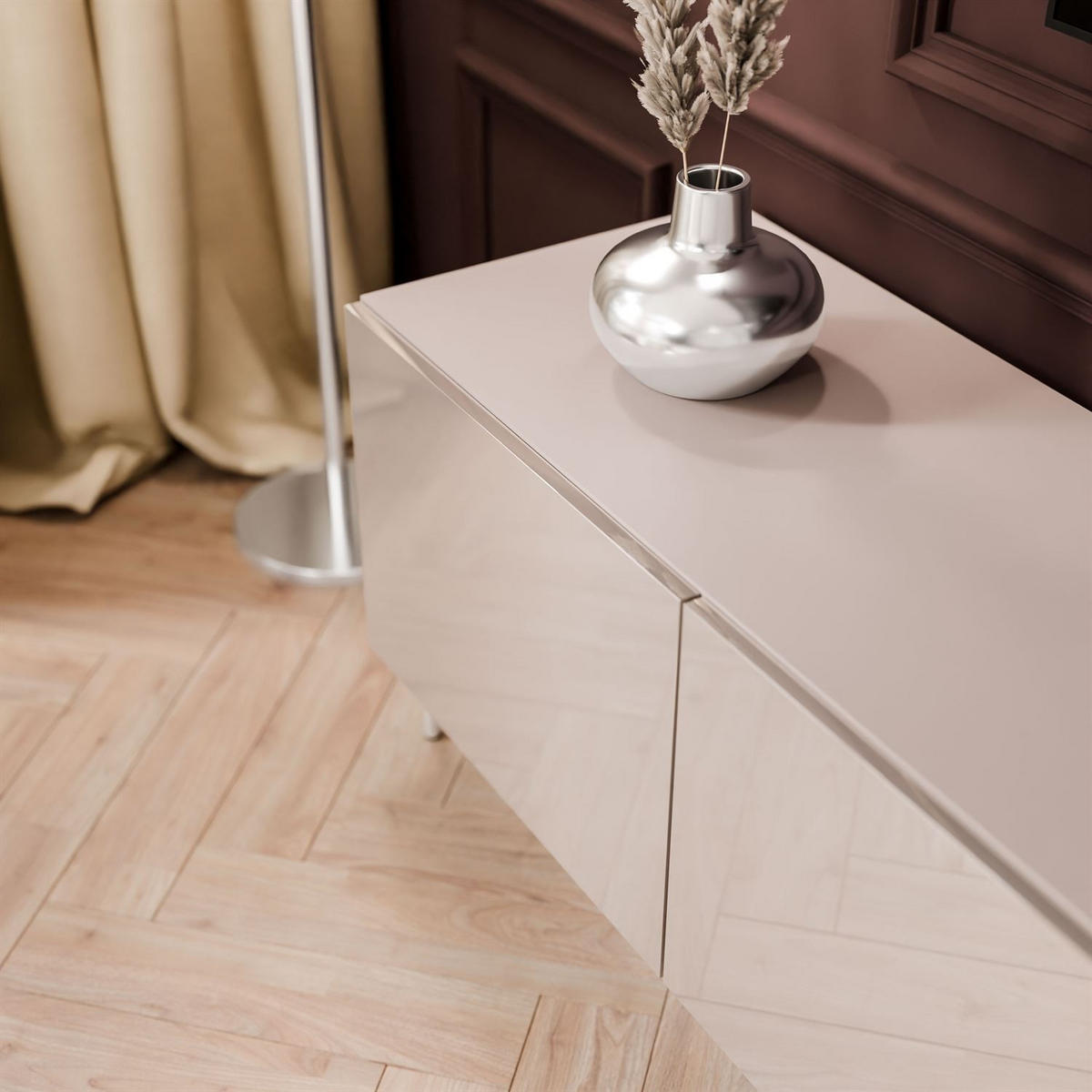 TV-SCHRANK COLGANTE 200 Kaschmir Hochglanz, mit LED, Gerade silberne Füßen - Chromfarben/Kaschmir, Holzwerkstoff (200/50/40cm) - Lookway