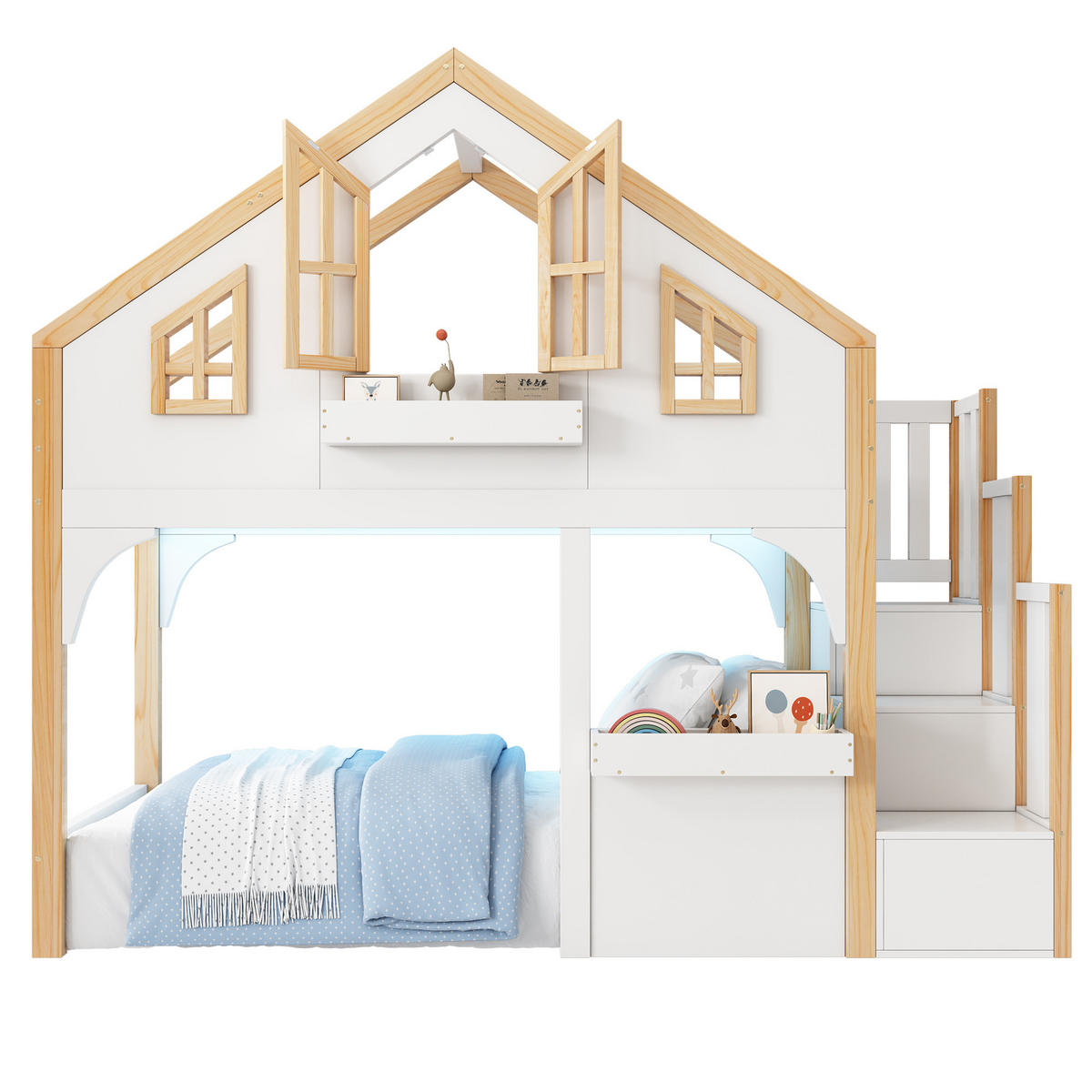 ETAGENBETT mit Stauraumtreppe und LED 90x200 cm Weiß - Weiß, Holz (90/200cm) - Meubliv