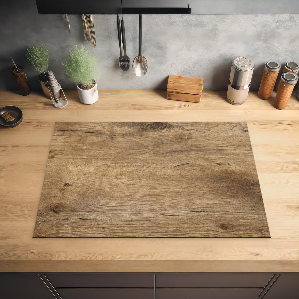 HERDABDECKPLATTE Holz - Braun - Holzoptik Herdabdeckung Induktionsfeld 75x52 cm - Eichefarben, Kunststoff (75/52/0.2cm) - MuchoWow