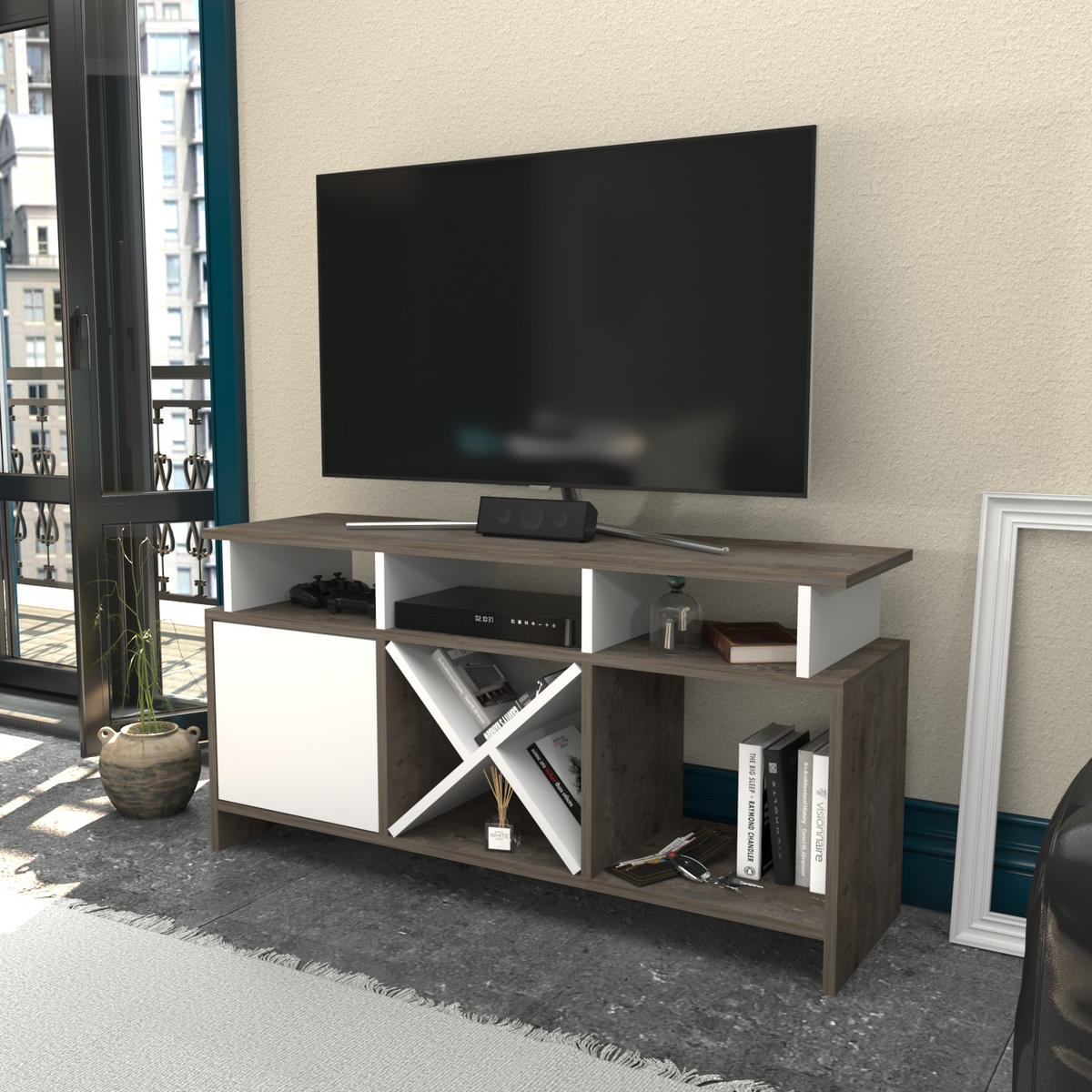 TV-ELEMENT Auburn Weiss Frig - Walnussfarben/Weiß, Holzwerkstoff (120/60.6/29.6cm)