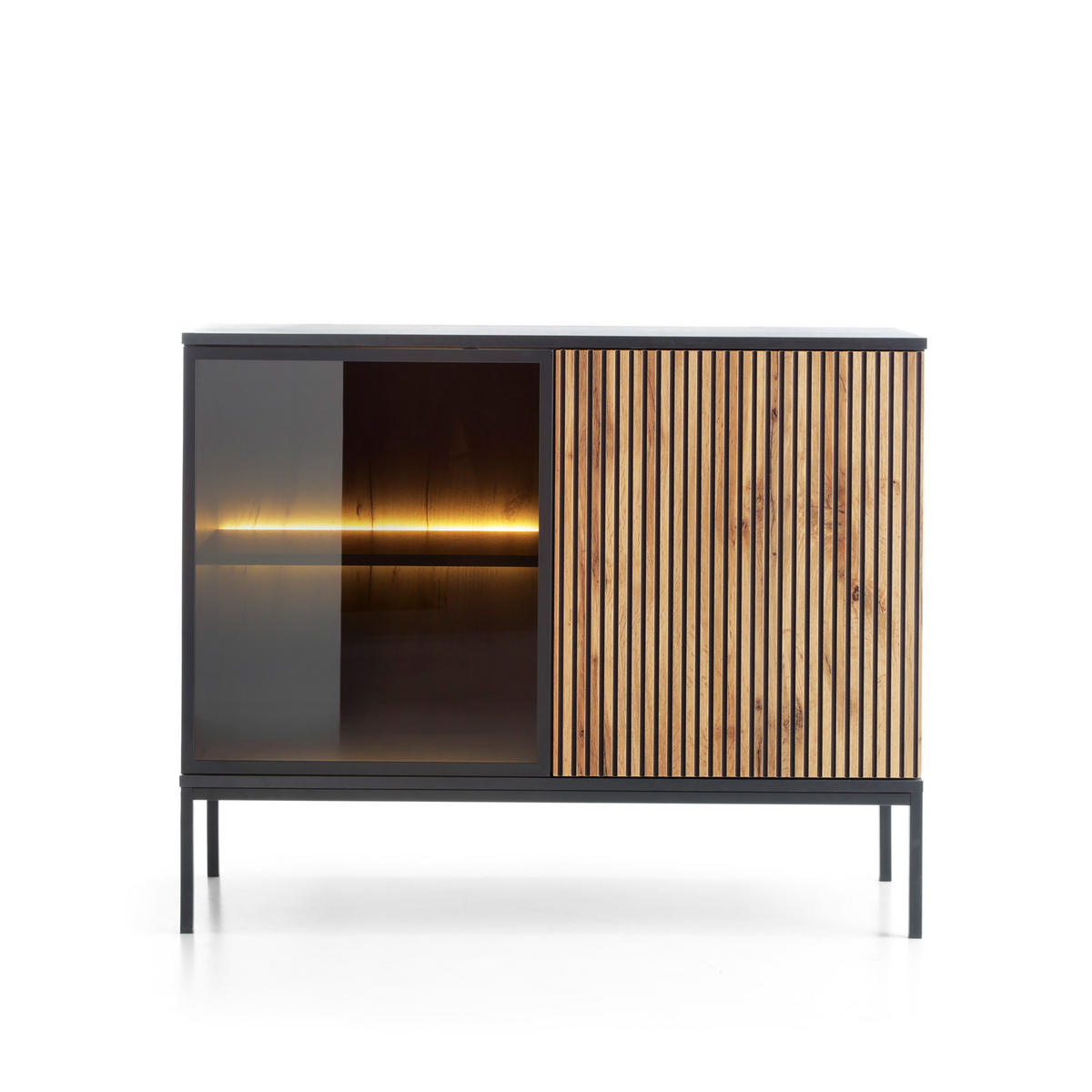 KOMMODE SENTIERO 104/83/39 cm mit LED 2 Türen Schwarz - Eiche Wotan/Schwarz, Holzwerkstoff (104/83/39cm) - MASSENO