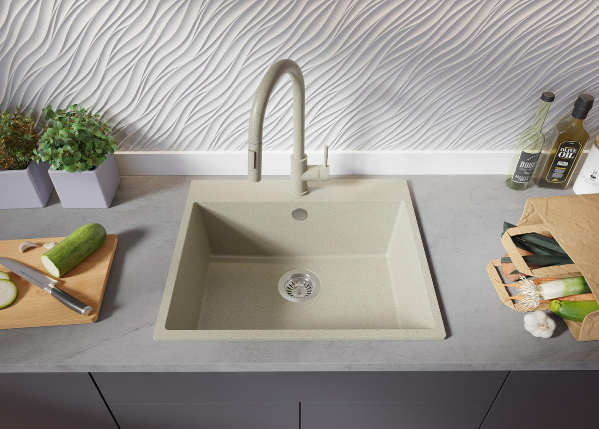 SPÜLBECKEN Riga, 2-er set Beige 58/50 cm 1 Becken + Ablauf-Set ab 60er Unterschrank - Beige, Kunststoff (58/20/50cm) - Primagran