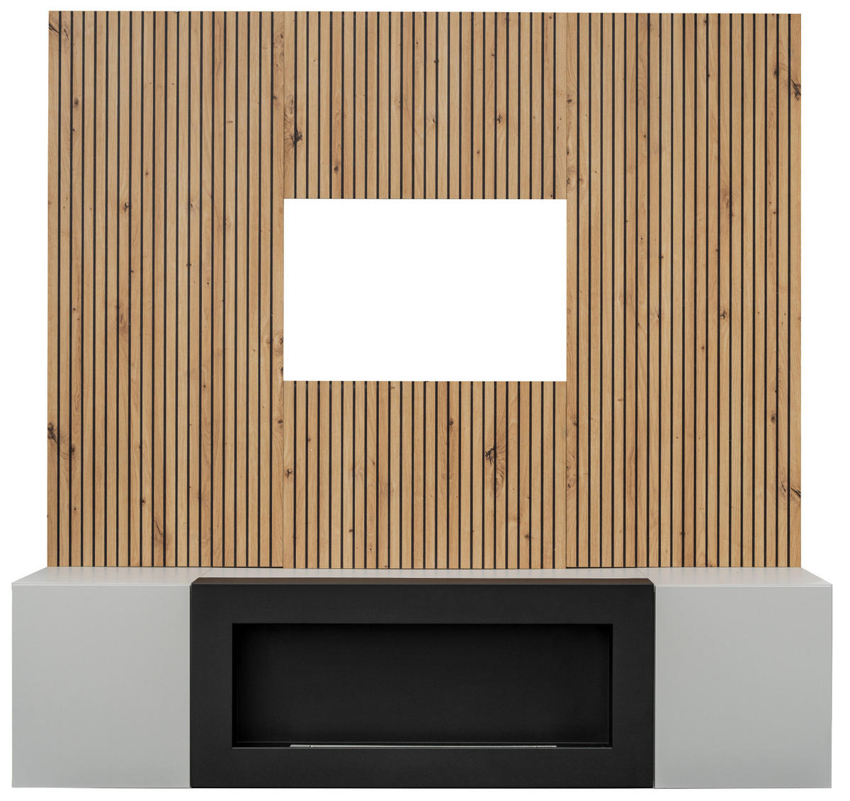 TV-LOWBOARD grau, Eiche Artisan 160, TV-Unterschrank mit Ethanpol Kamin und Akustikpaneel - Hellgrau/Schwarz, Glas/Holzwerkstoff (160/148/35cm) - Inn.Furn