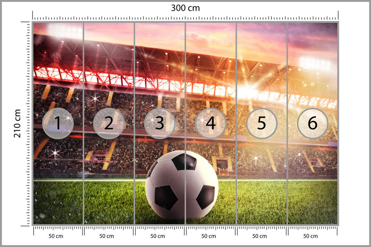 FOTOTAPETE für Jugendzimmer Fußballstadion Nachtlich Lichter Tribünen 300x210 - Gelb/Rot, Papier (300/210cm) - Muralo