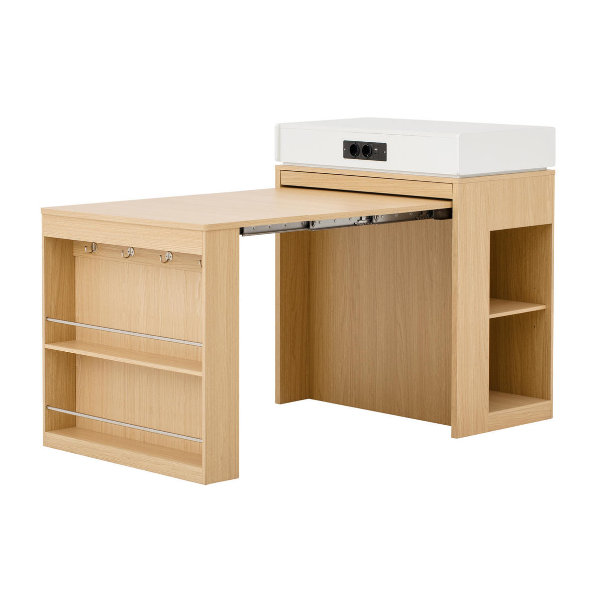 KUHINJSKI otok 83/46–146,5/96 cm z izvlečno zložljivo ploščo, vtičnicami in steklom, MDF, Naravna - naravne barve, leseni material (83/96/46cm) - Redom
