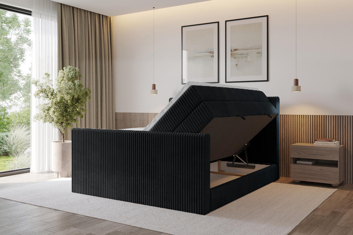 BOXSPRINGBETT mit Matratze H3|H4 und Lattenrost - TOLO-Z KING 200x200 Cord - Schwarz - Schwarz, Holzwerkstoff (200/200cm) - ALTDECOR