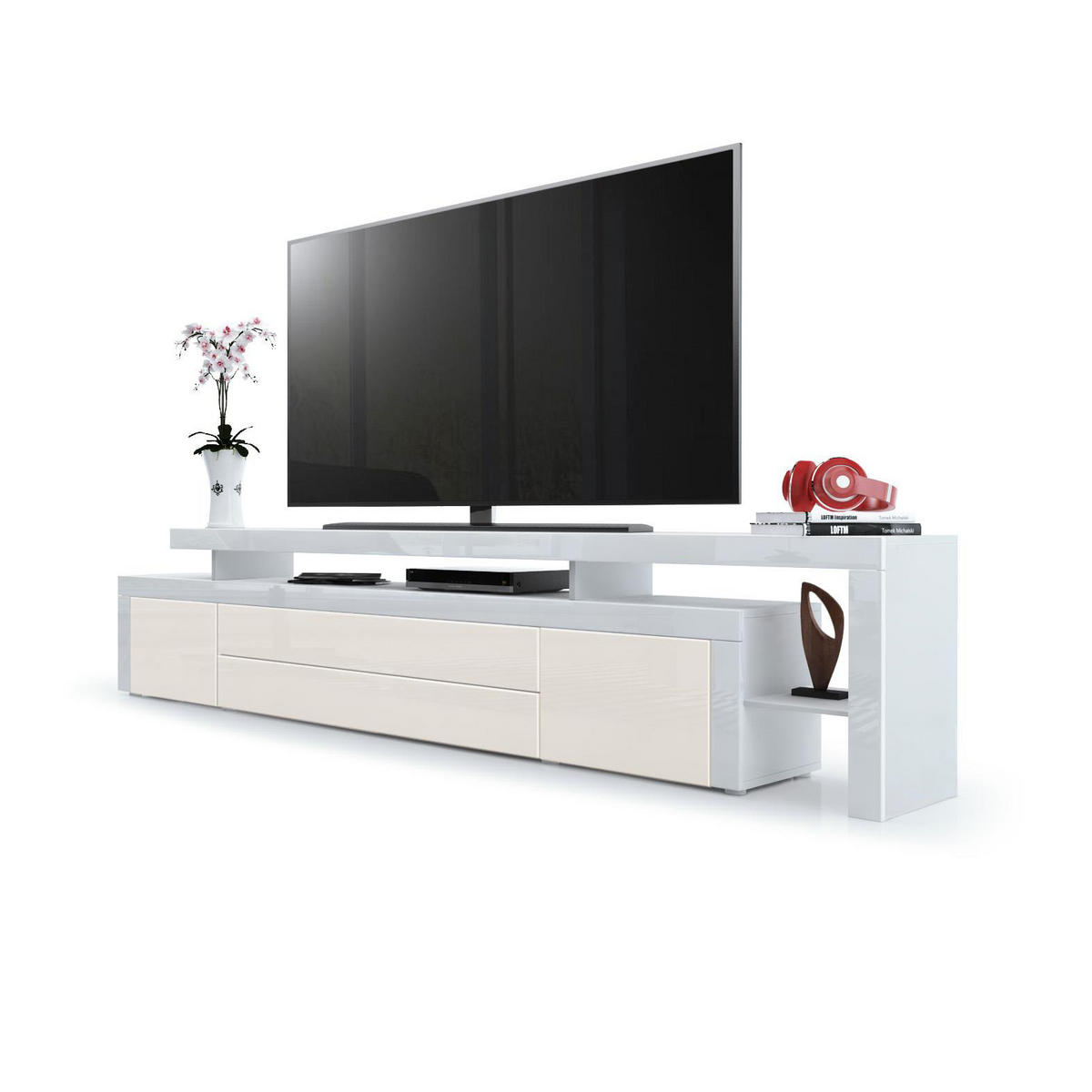 LOWBOARD Leon Creme Hochglanz / Weiß Hochglanz - Creme, Holzwerkstoff (227/52/35cm) - Vladon