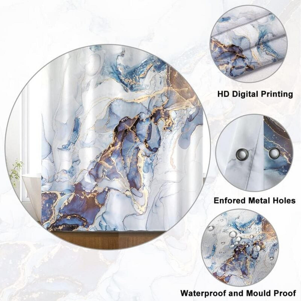 DUSCHVORHANG 180 x 180 cm Marmor Blau Grau Gold abstrakt waschbar Badewanne - Multicolor, Textil (180/180cm) - MCBOSON