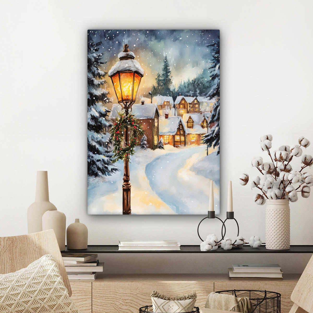 LEINWANDBILD Weihnachtsdorf - Häuser - Schnee - Weihnachten Wandbild Wohnzimmer 60x80 cm - Sandfarben, Textil (60/80cm) - MuchoWow