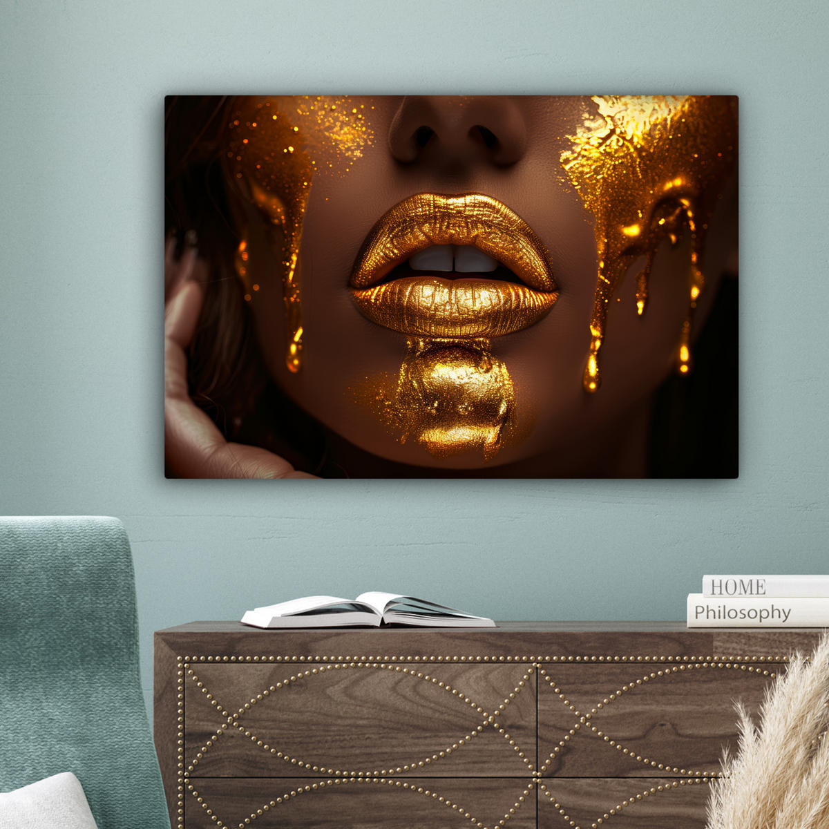 LEINWANDBILD Frau - Gold - Luxus - Porträt 90x60 cm - Goldfarben, Textil (90/60cm) - MuchoWow