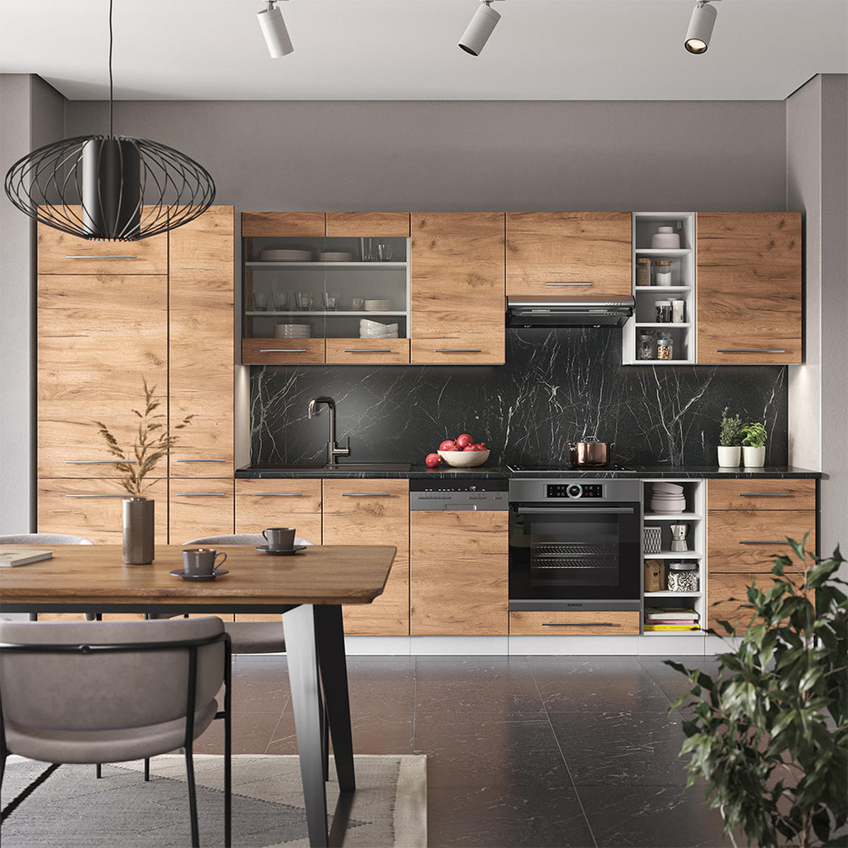 KÜCHENZEILE Fame-Line Goldkraft Eiche/Weiß 355 cm, AP Marmor - Honigeiche/Eiche Wotan, Holzwerkstoff (355/81.6/60cm) - Vicco