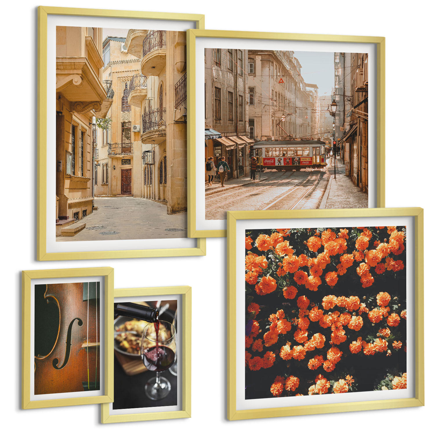 BILDER SET 5er Set - 50x50 cm & 20x30 cm & 40x60 cm Goldrahmen - Vintage Blumen Straße Wein Geige - Goldfarben, Kunststoff (40/60cm) - TULUP