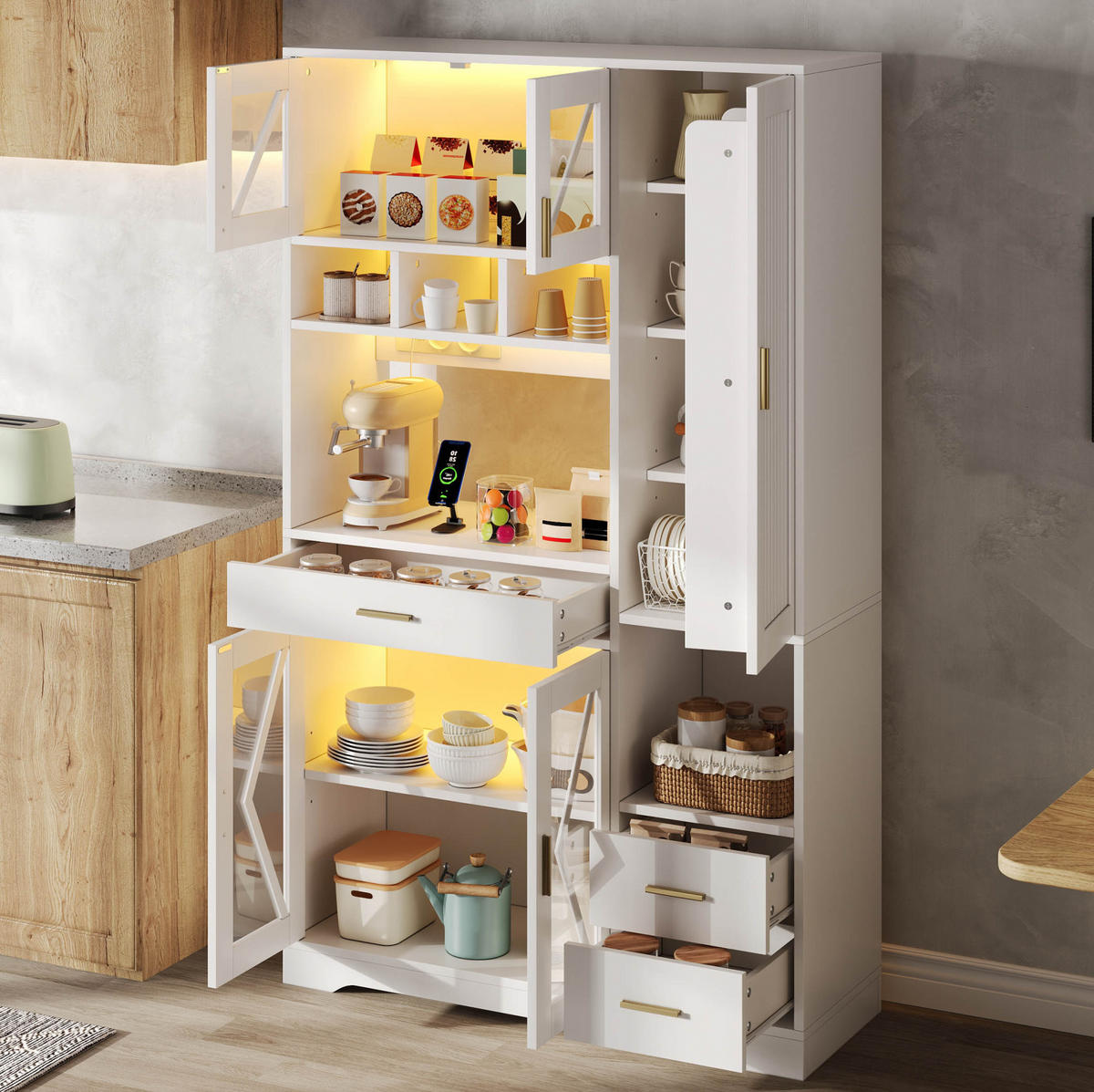 BUFFETSCHRANK mit LED und Steckdosen 105 x 40 x 185 cm Weiß - Weiß, Holzwerkstoff (40/185/105cm) - Meubliv