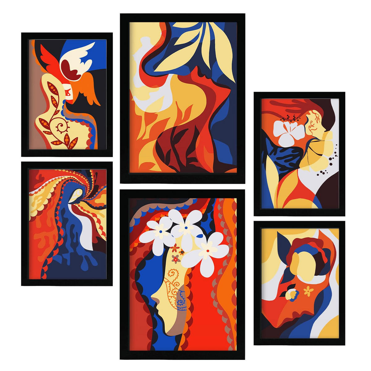 POSTER Set Mit 6 Zarte Collage im femininen abstrakten Stil Größe A3 & A4 Schwarzer Rahmen - Schwarz, Papier (29.7/1cm) - Nacnic