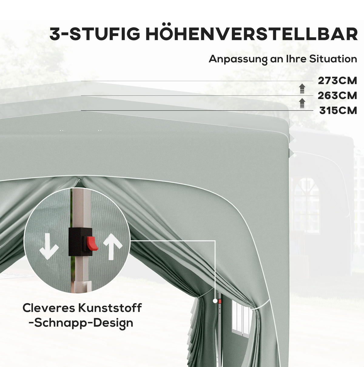 PAVILLON 300/300/273 cm hellgrau aus Polyester höhenverstellbar mit 4 Seitenteilen - Hellgrau, Textil (300/273/300cm) - OKWISH