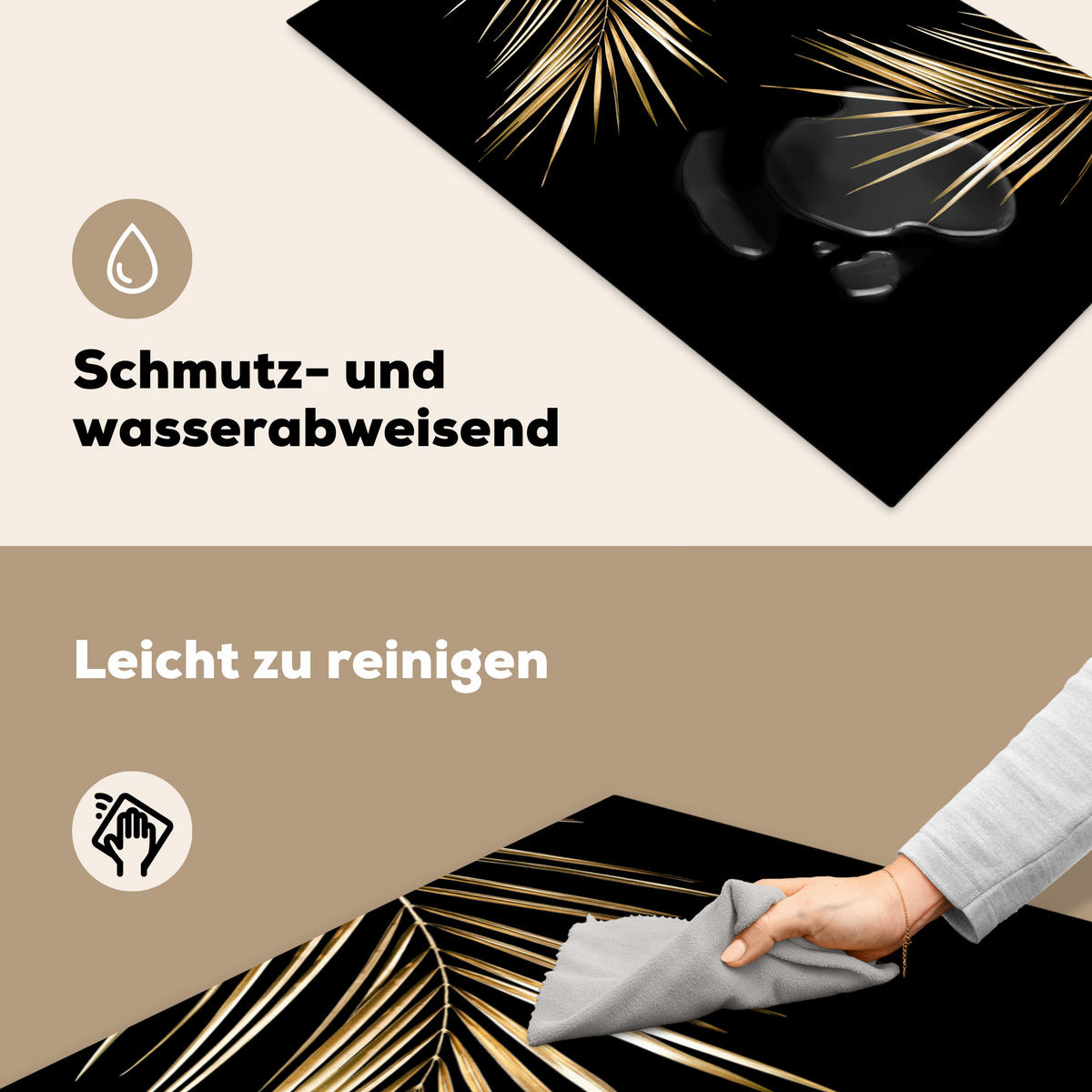 HERDABDECKPLATTE Blätter - Pflanzen - Gold - Schwarz - Luxus Induktionsschutz 89.6x51.6 cm - Goldfarben, Kunststoff (89.6/51.6/0.2cm) - MuchoWow