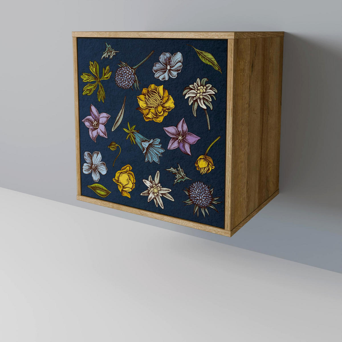SIDEBOARD FLOWERS ON NAVY BLUE, Eichefarben, 57,5x42x70,5 cm, Schwarze Metall-Sternfüße - Eichefarben/Multicolor, Holzwerkstoff/Metall (57.5/70.5/42cm) - SpaceRebels