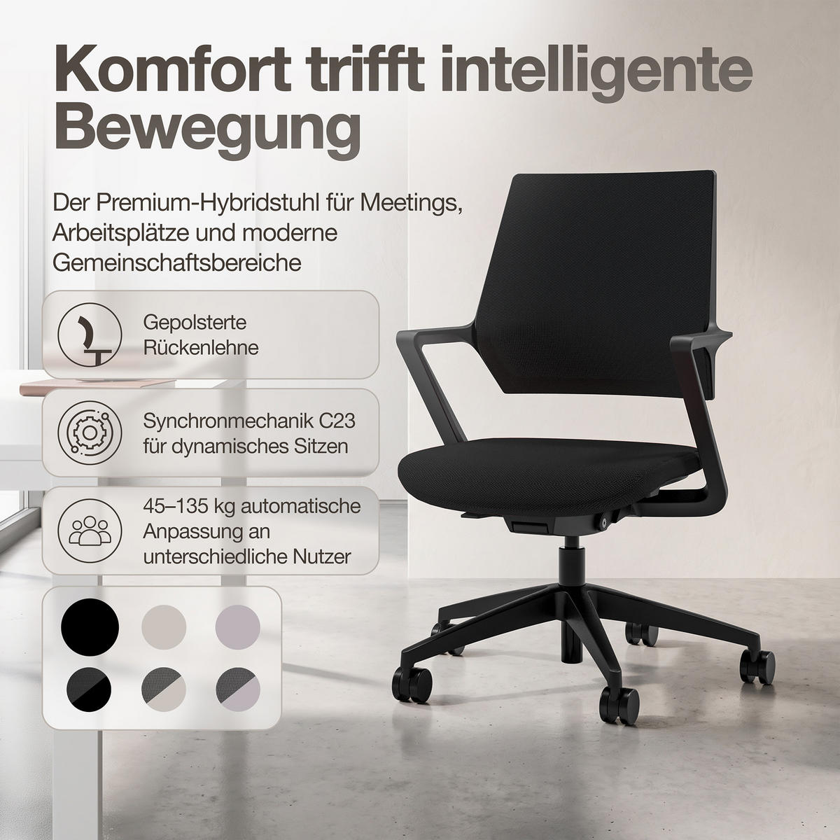 DREHSTUHL Ergonomischer Bürostuhl Asolo mit Polsterrücken / Schwarz Ergonomischer Polsterrücken - Schwarz, Textil (59.5/97.5/45cm) - ASSMANN