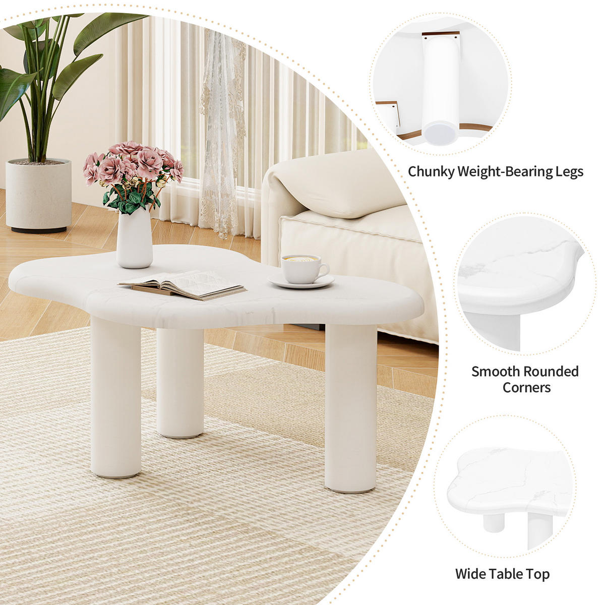 COUCHTISCH DE-007 Wolkenform Marmorfarben - Weiß, Holzwerkstoff (63/90/40cm) - ComfortXL