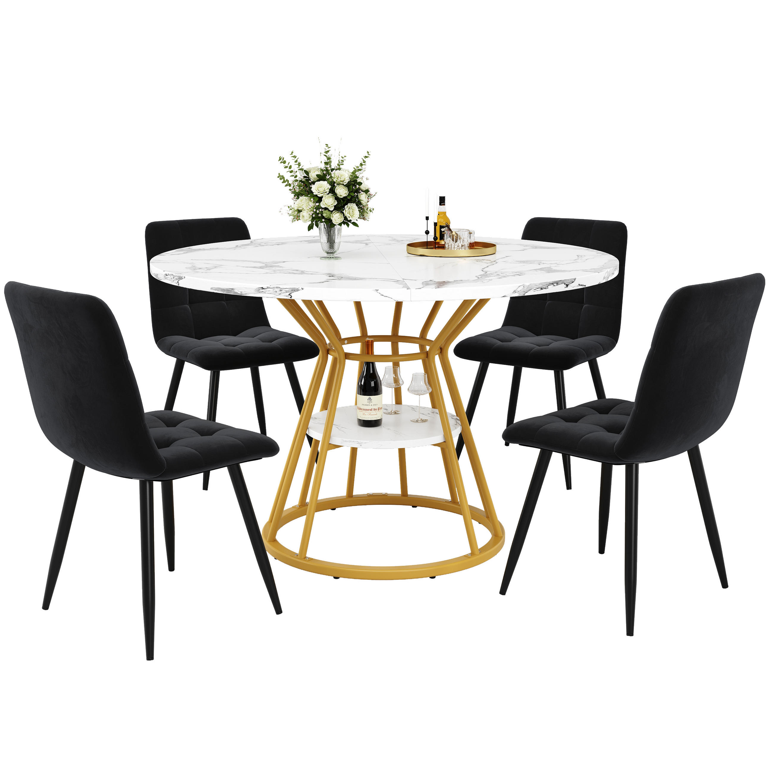 JÍDELNÍ SET 5D Kulatý Mramor Černý samet 100cm - různobarevná, kov (71.17/17.04/76.2cm) - FLIEKS
