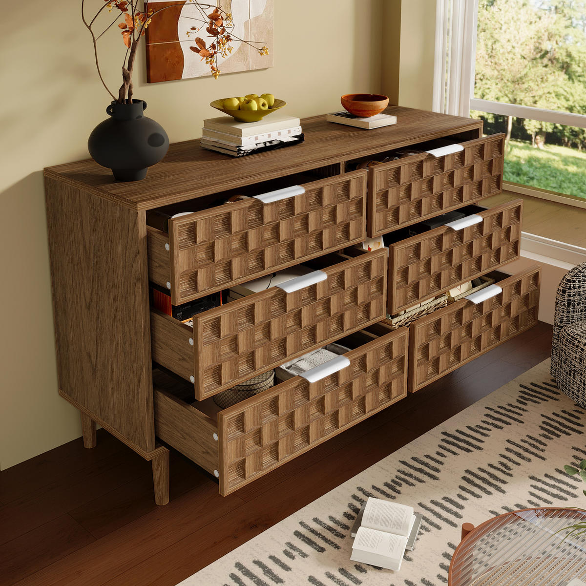 SIDEBOARD 120x37x77 cm Eiche mit 6 Schubladen - Eichefarben, Holz (120/77/37cm) - FLIEKS
