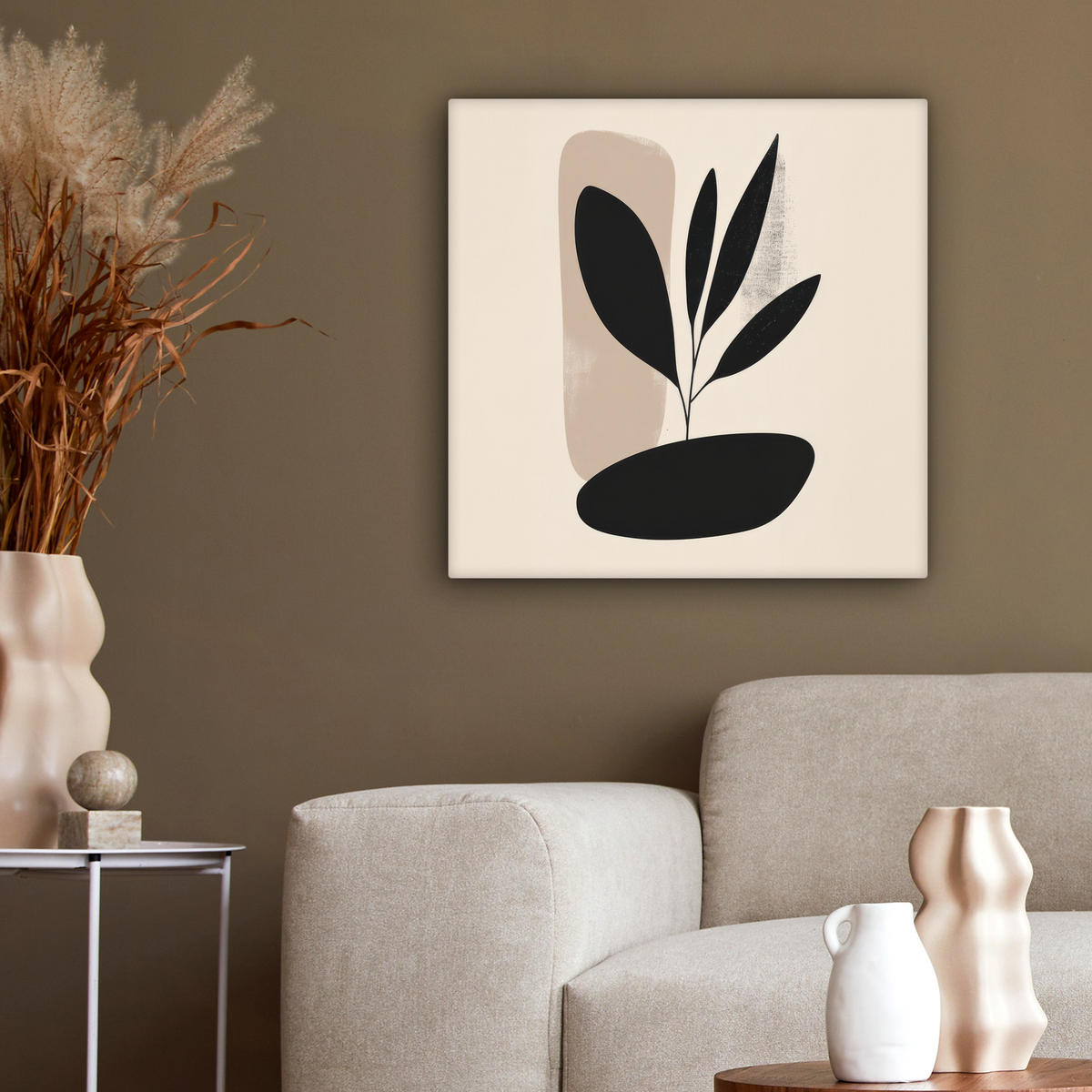 LEINWANDBILD Pflanze - Beige - Japanisch 50x50 cm - Schwarz, Textil (50/50cm) - MuchoWow