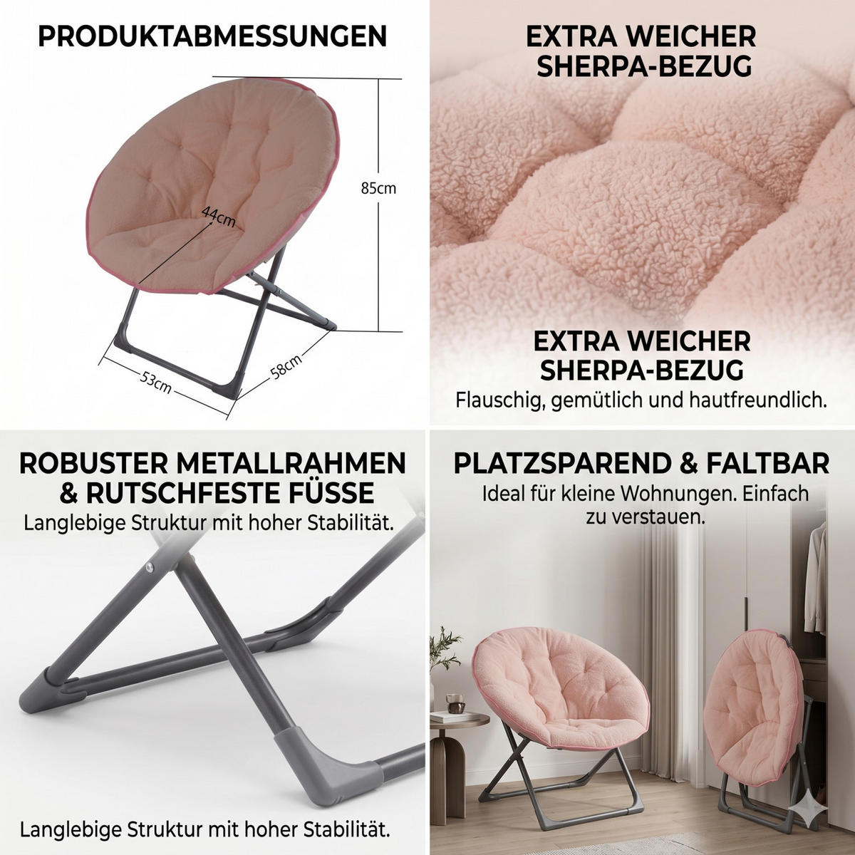 SESSEL Sherpa Rose klappbar - Rosa, Textil/Metall (53/37/58cm) - WISHDOR