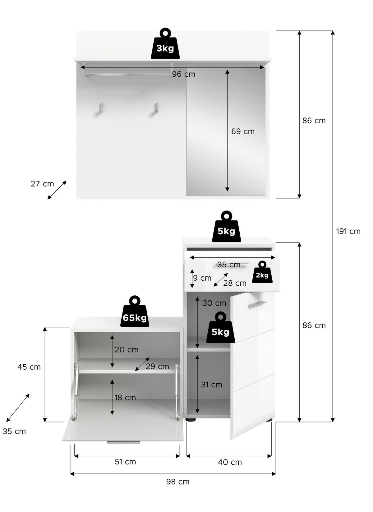 GARDEROBE Set 3-teilig weiß Hochglanz 98 cm, Flurgarderobe komplett-Set, Breite 98 cm - Weiß Hochglanz/Silberfarben, Holzwerkstoff/Kunststoff (98/190/191cm) - Inn.Furn