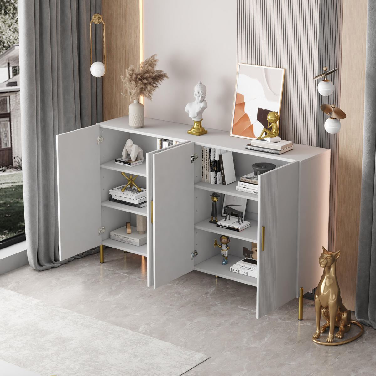 SIDEBOARD Weiß matt 4 Türen 160x35x100cm Stauraum Golddekor - Weiß, Holzwerkstoff (36.5/100/160cm) - FLIEKS