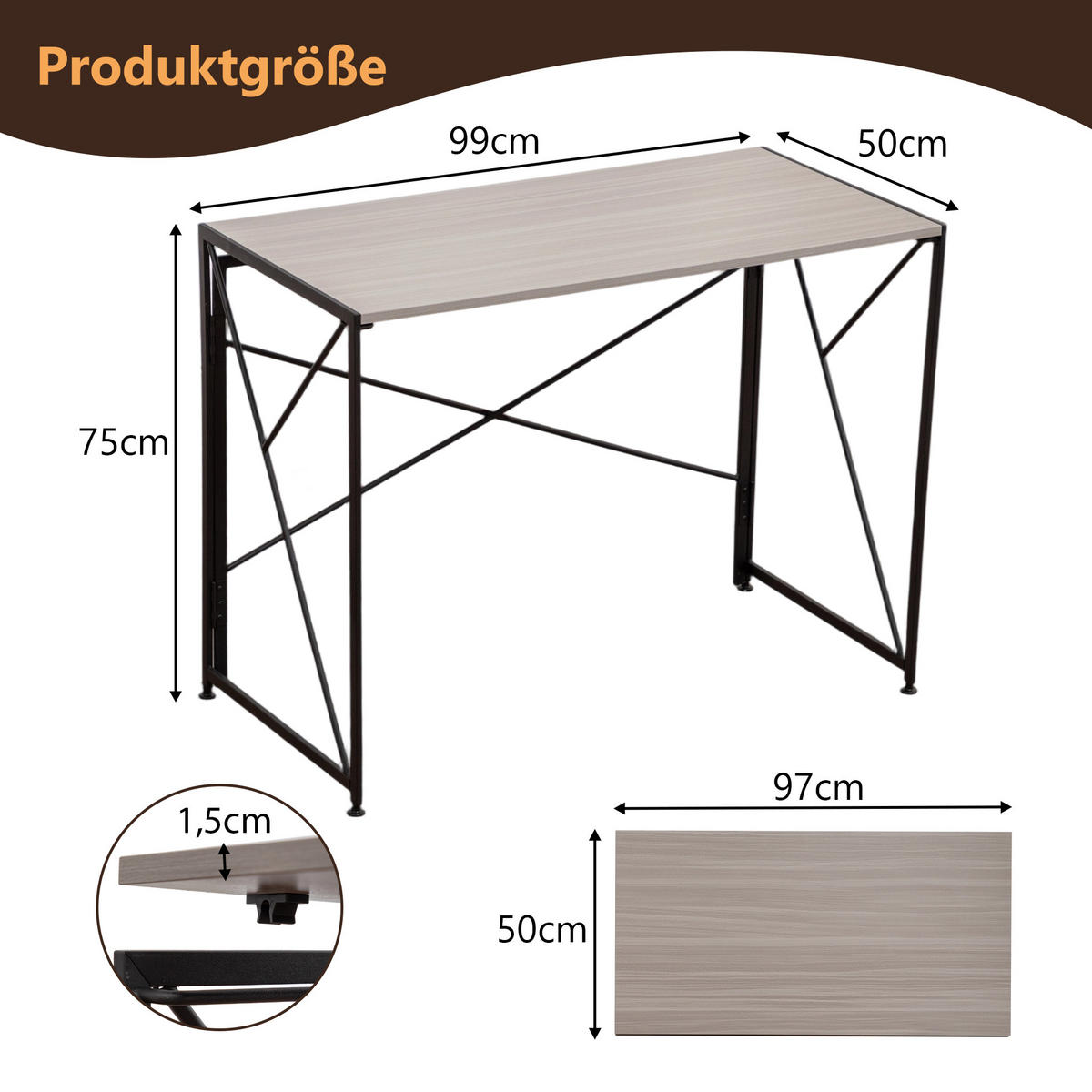 SCHREIBTISCH Klappbarer faltbar platzsparend Homeoffice Computertisch kompakt modern - Naturfarben, Holzwerkstoff/Metall (99/50/75cm) - EVRYAE