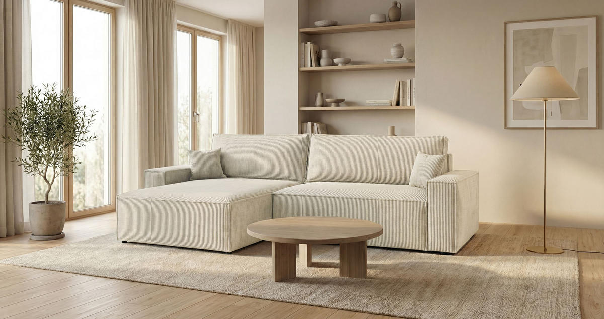 ECKSOFA VIENNA links weiß Cord Poso 100 - Schlaffunktion, Bettkasten - Weiß, Textil (285/185cm) - Cornero