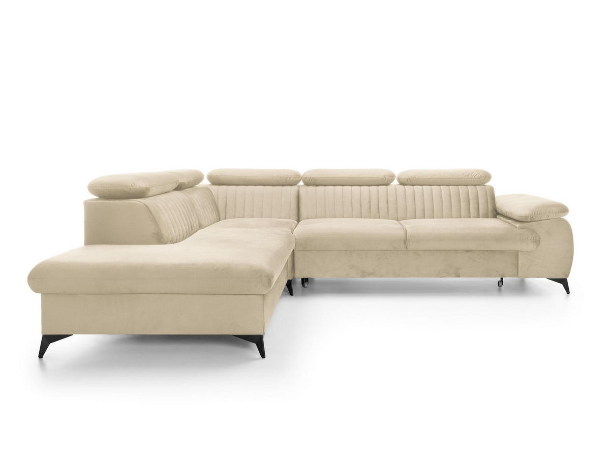 ECKSOFA FIORE Creme Velours-Stoff mit Schlaffunktion - Creme, Holz (275/221cm) - MASSENO