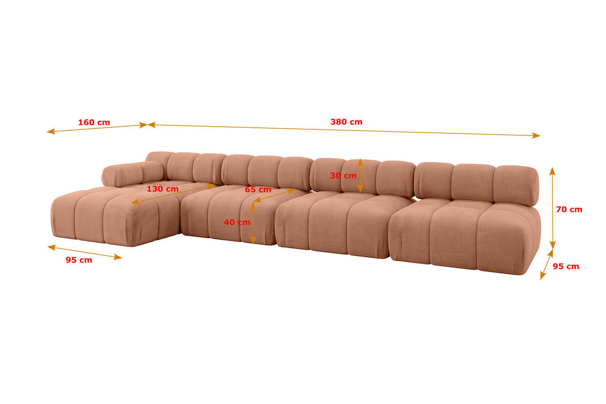 ECKSOFA modulares Sofa Razon-L3 - 380x160x70 cm Apricot Velours - Koralle, Holzwerkstoff/Textil (380/160cm) - ALTDECOR