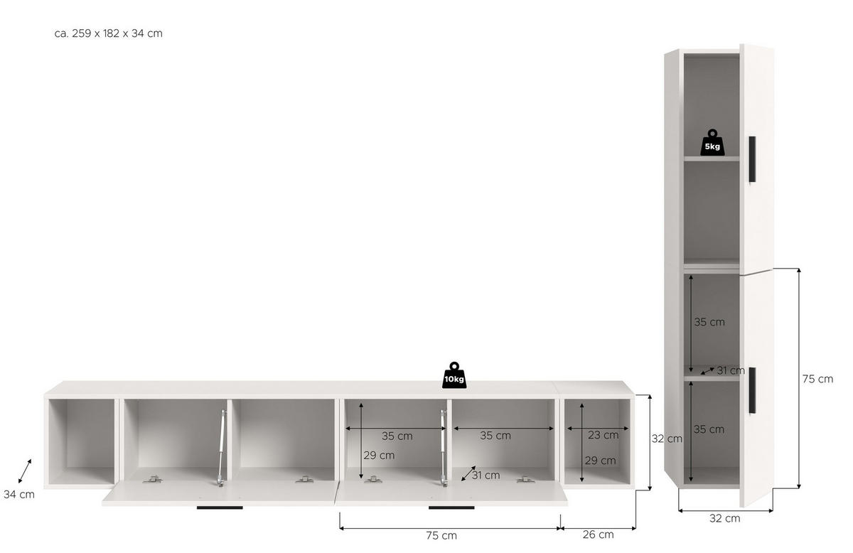 WOHNWAND The One weiß 259/34/182 cm - Weiß, Holzwerkstoff (259/182/34cm) - Xonox