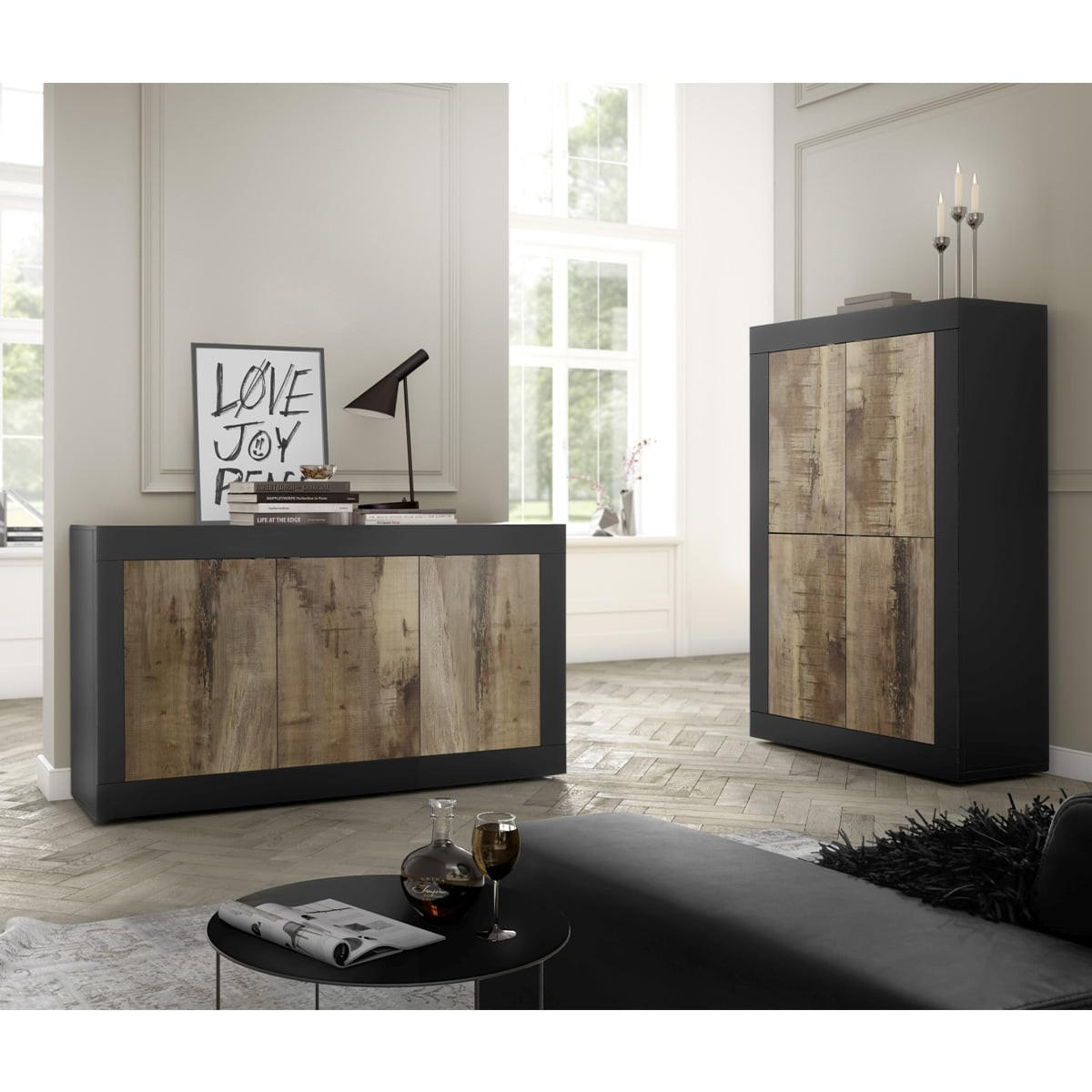 HIGHBOARD 4 Türen aus Holz L101,4 cm - Initial - Schwarz, Holzwerkstoff (42/161.2/101.4cm) - Calicosy