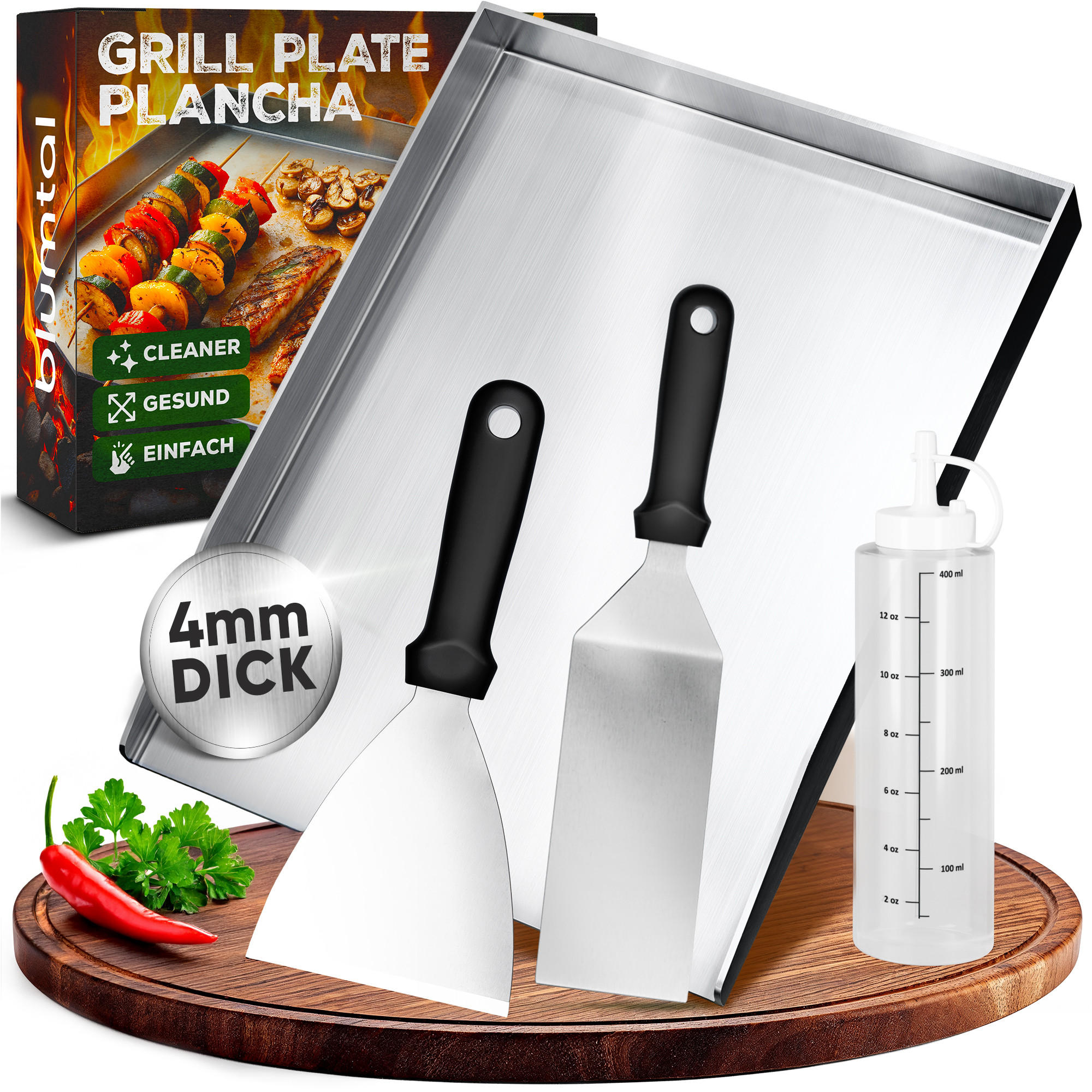 SET PLANCHA GRILLPLATTE Edelstahl inkl. 2 Grillspachteln & Ölflasche - 30x40 cm - Edelstahlfarben, Metall (30/40cm) - Blumtal