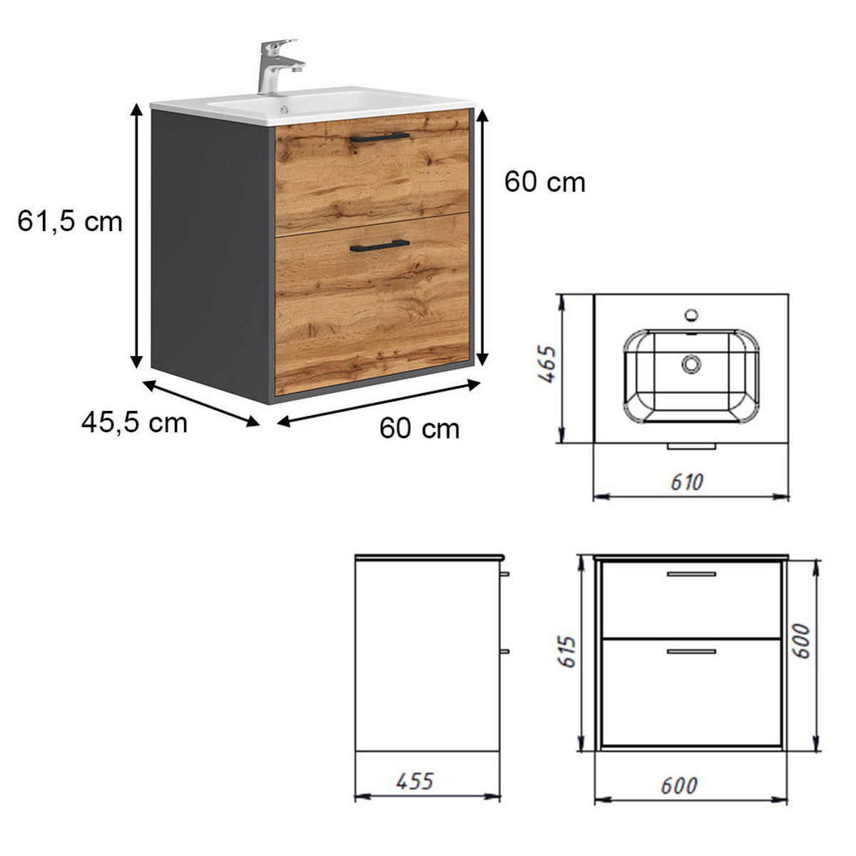 WASCHBECKENUNTERSCHRANK Lanco Anthrazit/Goldkraft Eiche 61 x 61.5 cm mit Waschbecken - Honigeiche/Anthrazit, Holzwerkstoff (61/61.5/46.5cm) - Vicco