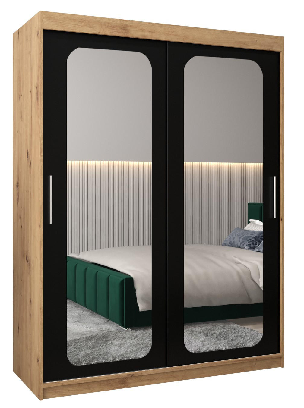 Abiks Möbel Schwebetürenschrank Eiche Artisan, Schwarz 150x200x62 cm