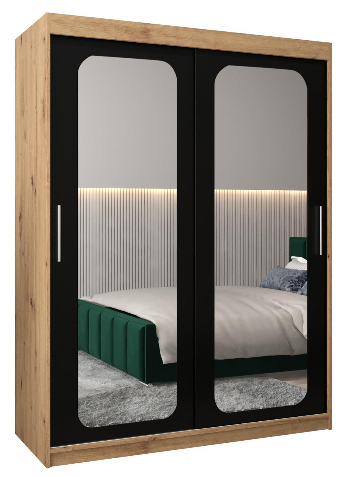 SCHWEBETÜRENSCHRANK 200/150/62 2-türig - Silberfarben/Schwarz, Holz/Kunststoff (150/200/62cm) - Abiks Möbel