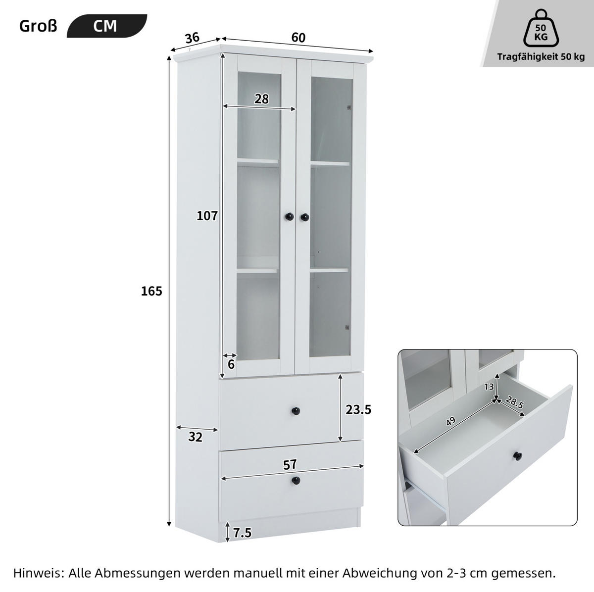 VITRINA 165 cm bijela s LED rasvjetom, USB priključkom i 2 ladice - bijela, drvni materijal (60/165/35.5cm) - BEAOK
