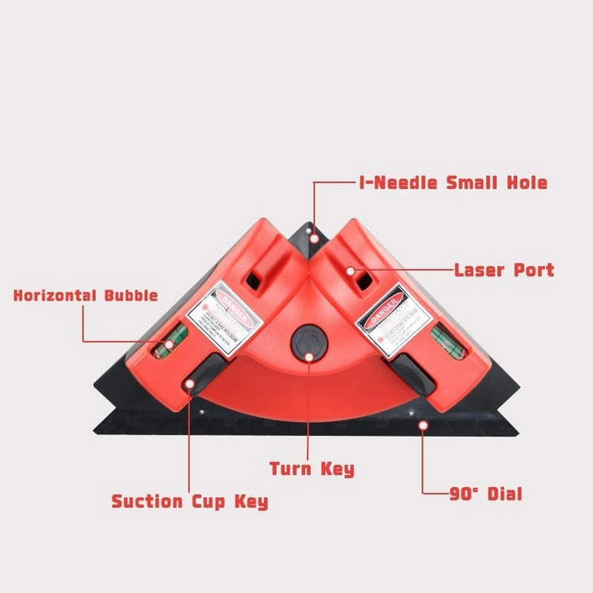 WASSERWAAGE - Quadrat - Horizontale und vertikale Vorsprünge stehen im rechten Winkel (90 Grad), mit zwei Saugnäpfen, rot (Batterien nicht enthalten). - Rot, Kunststoff (19/10.4/4.9cm) - DCA