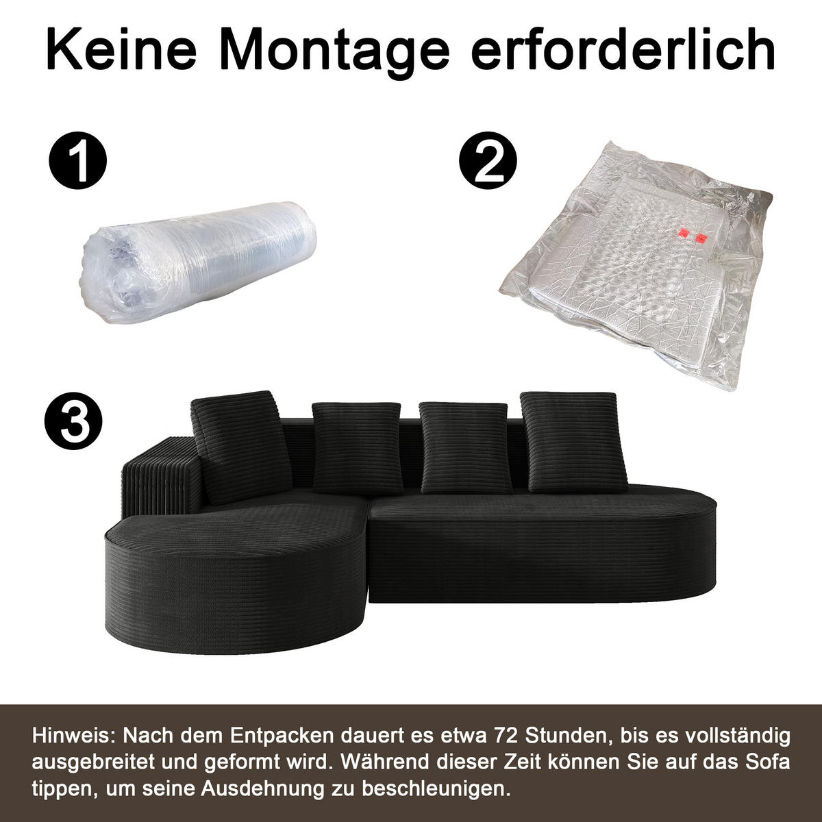 MODULARES Ecksofa Cord Sitzhöhe 40,5 cm mit tiefem Sitz 265/165/67 cm Schwarz - Schwarz, Textil (165/265cm) - Redom
