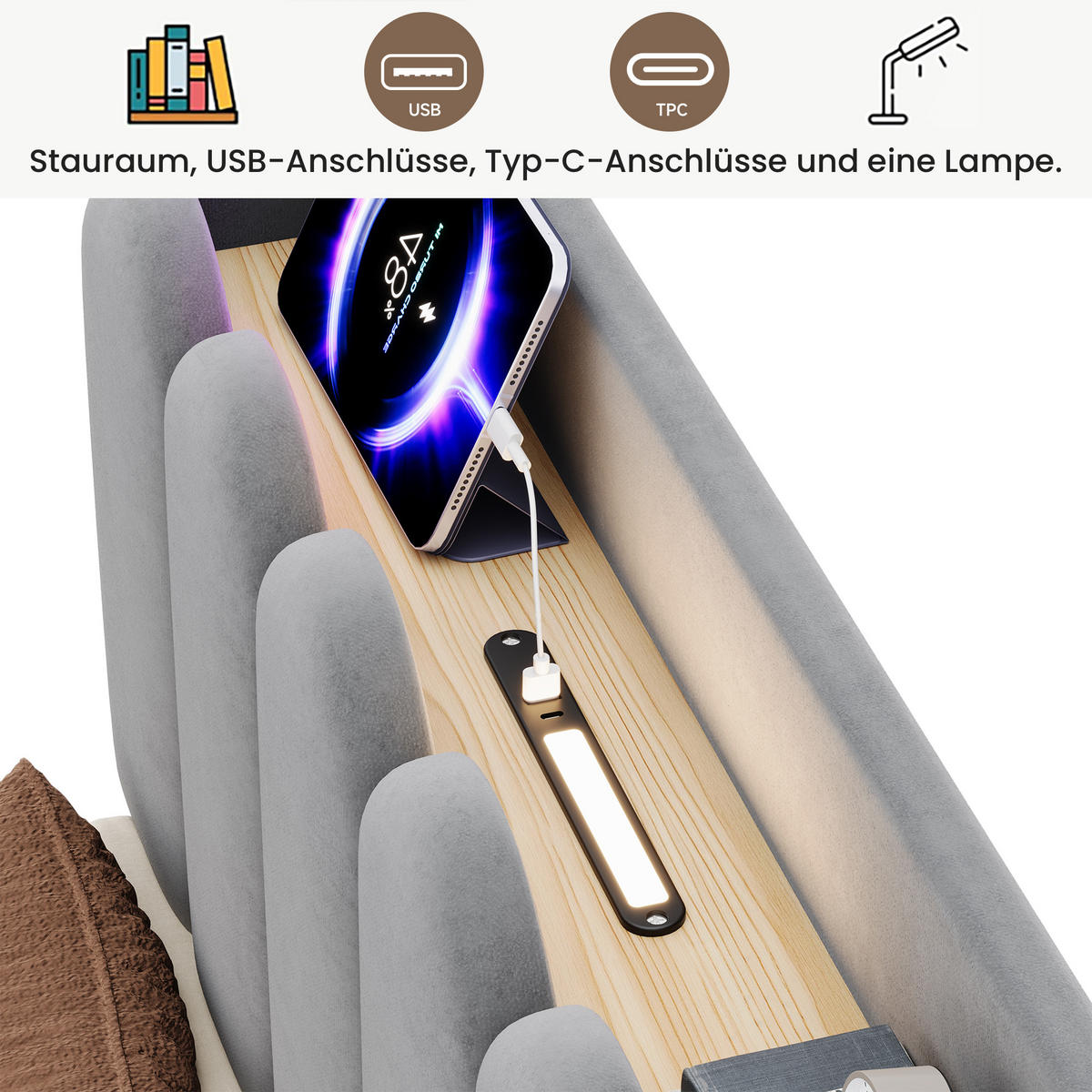 POLSTERBETT 90/200 cm in Grau mit Bettkasten, Kopfteil, USB-, Type-C-Ladestation und Leselampe aus Samt - Grau, Holzwerkstoff/Textil (90/200cm) - STILVORA