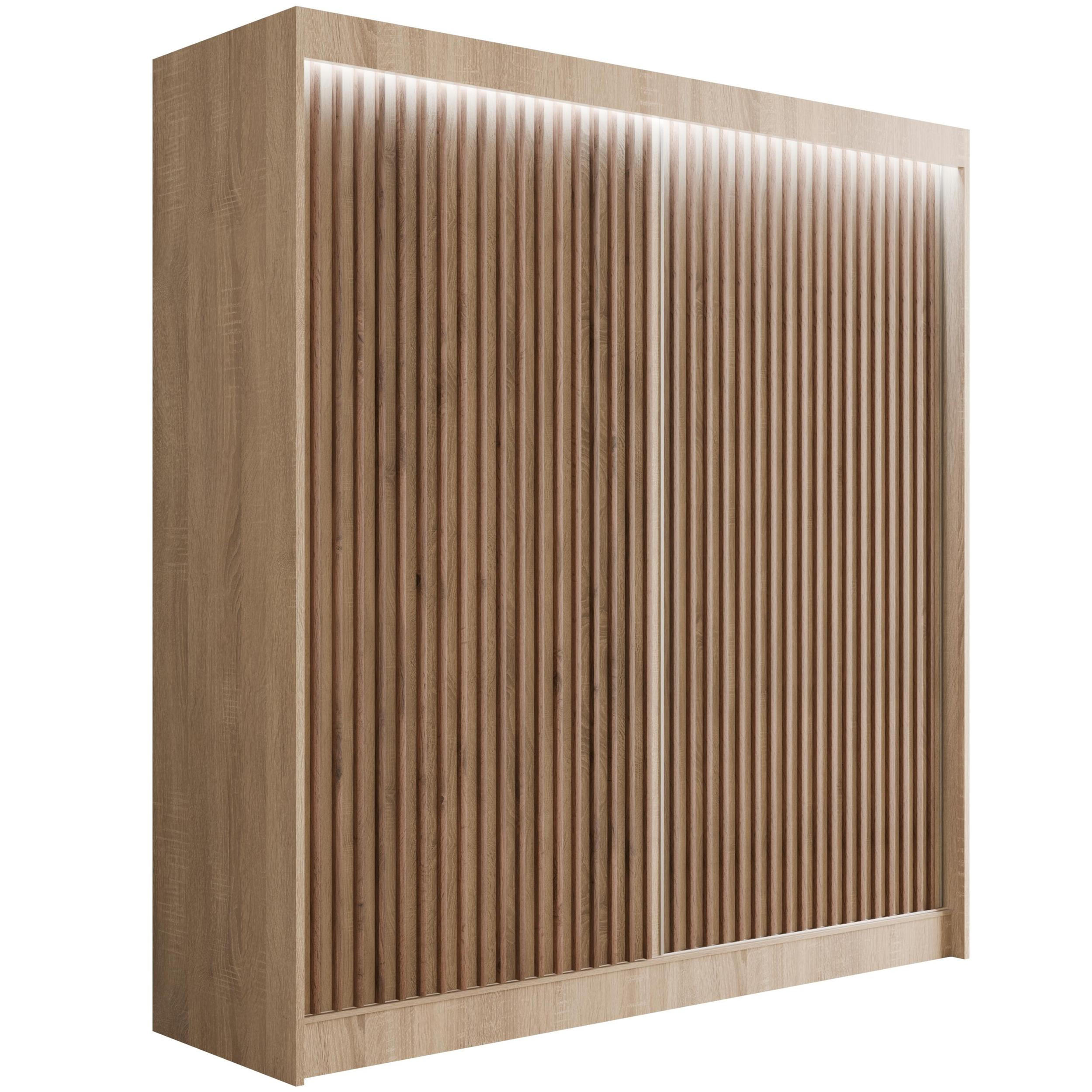 ALTDECOR ŠATNÍ SKŘÍŇ s LED, lamelovými posuvnými dveřmi VILANv2 – 200 cm Sonoma dub + Sonoma dub + lamely z dubu wotan