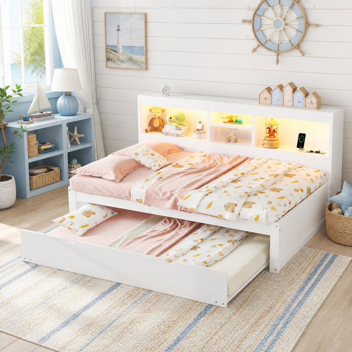 BETT 90/200 mit Ausziehbett, LED-Beleuchtung, Steckdose und USB-Anschluss in Weiß - Weiß, Holzwerkstoff (90/200cm) - EVRYAE