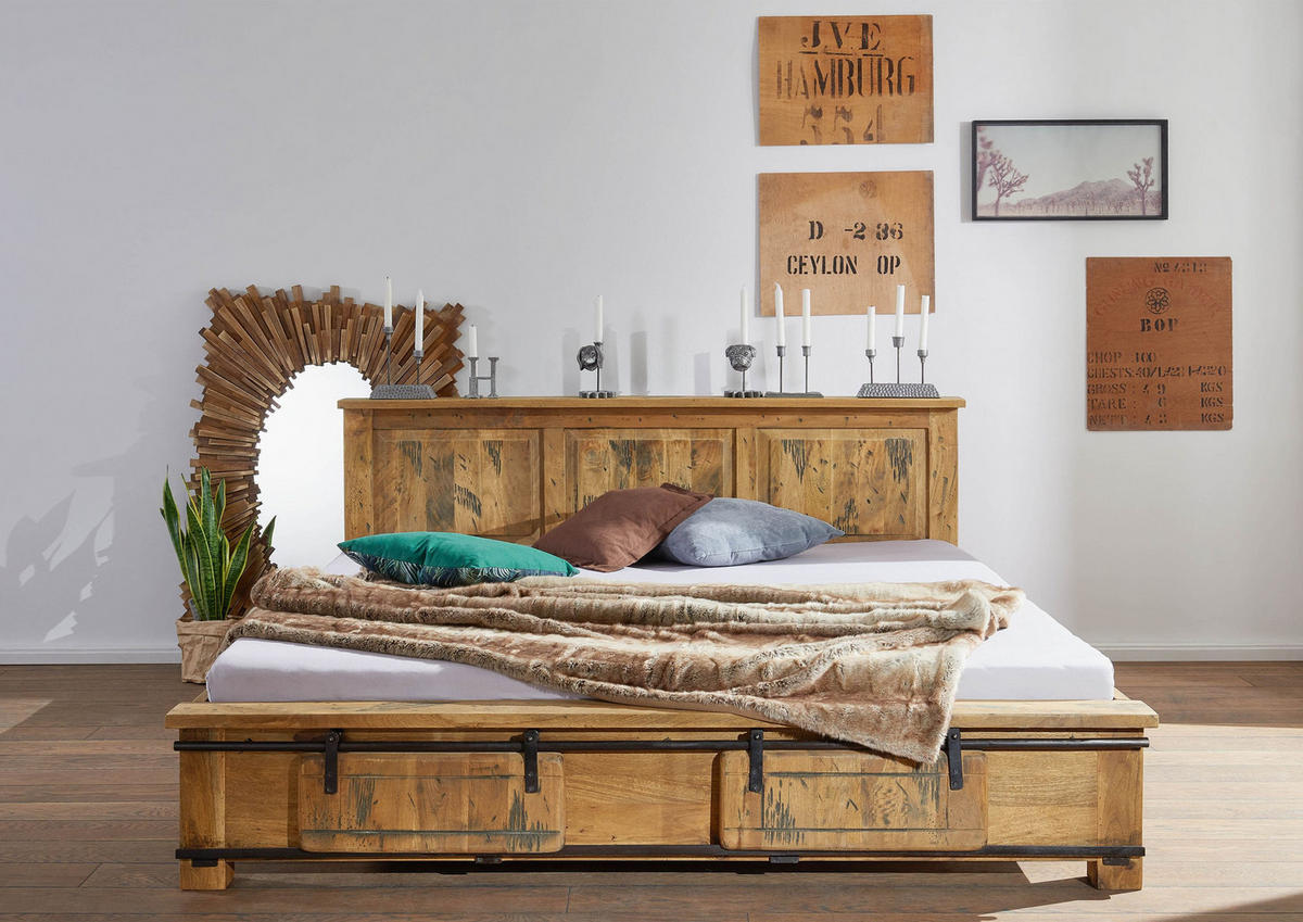 BETT Massivholz Mango 180 x 200 x 85 natur RAILWAY #142 - Naturfarben, Holz (180/200cm) - Massivmoebel24