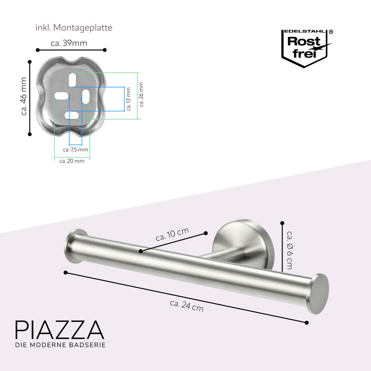 TOILETTENPAPIERHALTER PIAZZA, Edelstahl - Edelstahlfarben, Metall (24/6/10cm) - bremermann